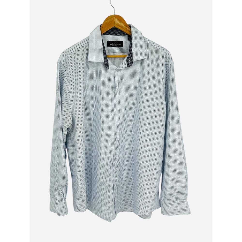 Nicole Miller New York XL Button Down‎ Shirt White Blue Dot Print Long Sleeve